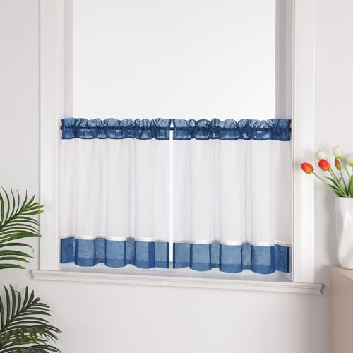 Joyswahl Leinenoptik Scheibengardine im Landhausstil »Jasmin« Cáfe Gardinen Transparent Kurz Küchengardinen Bistrogardinen Wohnzimmer Blau HxB 60x120cm 1 Stück