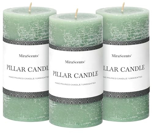 3x6 Inch Sage Green Pillar Candles Set of 3 - Unscented Spring, Long Clean Burning, Large Smokeless Dripless for Home Decor, Dinner Table, Bathroom, Rustic Decor