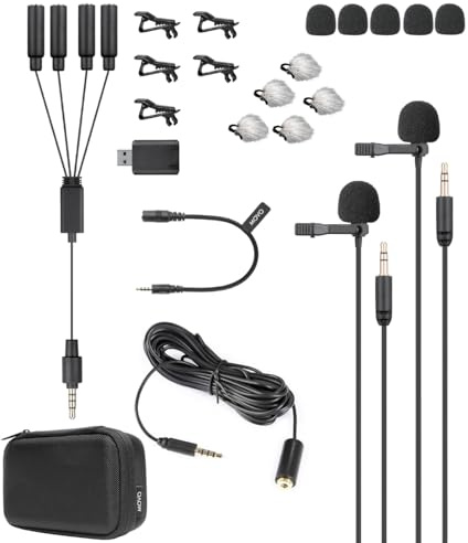 Movo VersaLav-V2 Lavalier Microphone Set for Smartphones, Computer, DSLR or Mirrorless Camera with Two Lapel Microphones, Splitter, Extension Cord, Clip-on Lav Mics for Video, Podcast, Vlog, Interview