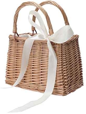 ABOOFAN Small Rattan Woven Handbag Decorative Flower Basket Portable Storage Tote for Wedding Party Home Decor 10.82X9.05X5.11In