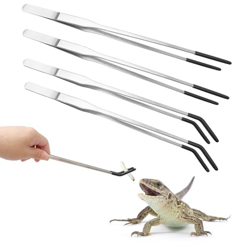 4 pinzas extralargas de acero inoxidable para alimentación de reptiles con punta de goma, dragón barbudo, pinzas largas rectas y curvadas, herramienta de alimentación de terrario para suministros de