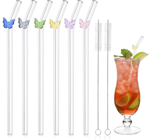 Glass Straws Reusable Bent Straws with Design Butterfly, 6 PCS