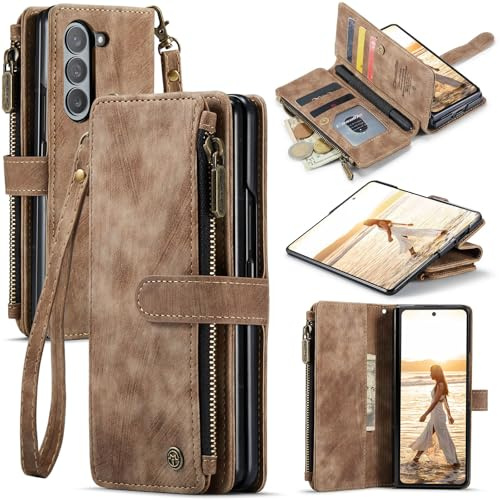 UEEBAI Wallet Case for Samsung Galaxy Z Fold 6 5G, Premium Handmade PU Leather Phone Case Card Slots Magnetic Closure Zipper Pocket Kickstand Flip Case with Hand Strap - Brown