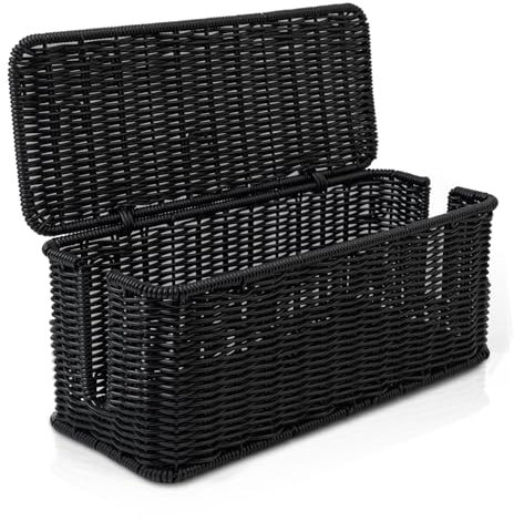 Cable Management Box, Handmade Rattan Cable Organizer, 2 Open Slots Cords Hider Box, Under Desk Cord Organizer for Computer Router USB Hub & Power Strip, Patent Pending, 13 x 5.1 x 5.1, Black