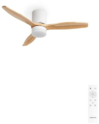 CREATE / WINDCALM LINE/Ventilador de techo con luz blanco madera natural y líneas horizontales con mando / 40W, Ø132 cm, 6 velocidades, 3 temperaturas de luz, temporizador, función verano-invierno