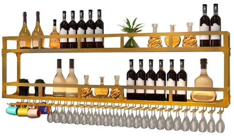 WXZXWXZX Weinregal Wand Metall Flaschenregal Wine Rack Weinschrank Schmal Barschrank mit Weinglashalter Weinständer Weinflaschenhalter Getränke Regal Mini Bar für Esszimmer Home Bar Küche(Gold,2 Laye