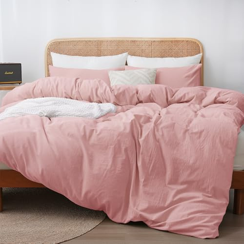 ATsense Bettwäsche 135x200 Baumwolle 2teilig, Stonewashed Bettwäsche-Sets Blass Rosa Ähnlich wie Leinen, Oeko-TEX, Hypoallergen und Atmungsaktiv, 1 Bettbezug und 1 Kissenbezug 80x80