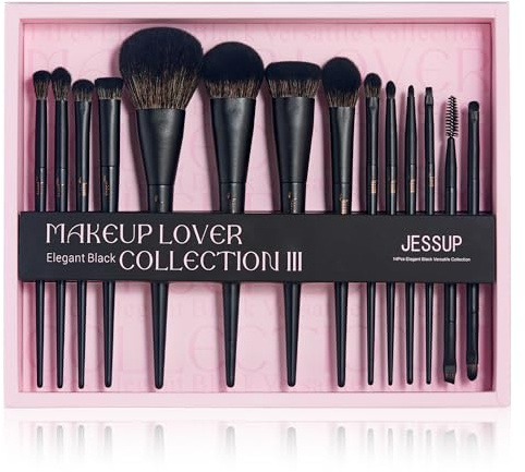 Jessup Set de 14 Brochas de Maquillaje Negras para Mujer, Pincele Maquillaje Base Sombra de Ojos Contorno Corrector Polvo Delineador de Ojos Pliegue Cejas Brochas Difuminar Regalo para Mujer,T336-G