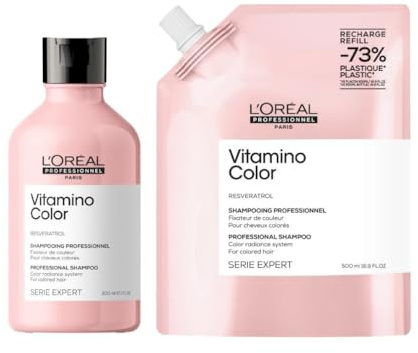 L’Oréal Professionnel, Pack Sostenible, Champú y Recarga Profesional, Protector de Color con Resveratrol, para Cabello Teñido o con mechas, Vitamino Color, 300 ml + 500 ml