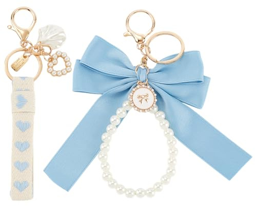 craspire Schlüsselanhänger Mit Perlenschleife Blau Für Damen Mit Armband Karabinerverschluss Süßer Taschenanhänger Schlüsselanhänger Aus Edelstahl Für Geldbörse Tasche Auto Handtasche Einkaufstasche