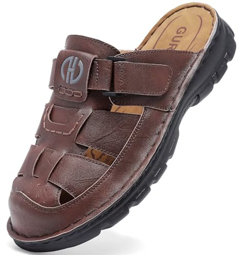 GURGER Herrsandaler läder mulor träskor sommar stängd tå slip-on utomhus strandsandaler, Mörkbrunt, 40 EU