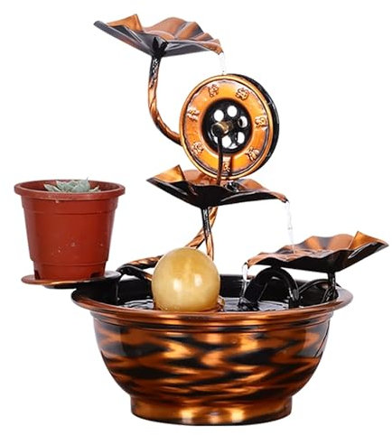Fontana Zen in Rame, Piccola Fontana da Tavolo con Acqua Corrente e Fiori Metallici, Cascata Acqua per Ufficio, Decorazione per la Casa