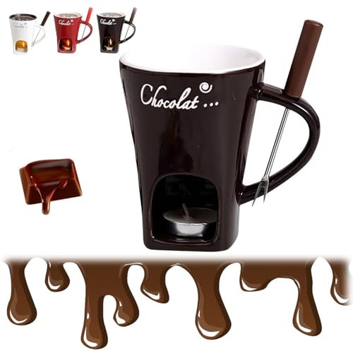 Taza de fondue, taza de fondue de chocolate con tenedor y vela, taza de fondue dulce, taza de fusión de chocolate para cita nocturna, cumpleaños, regalo de boda, fiesta (marrón)