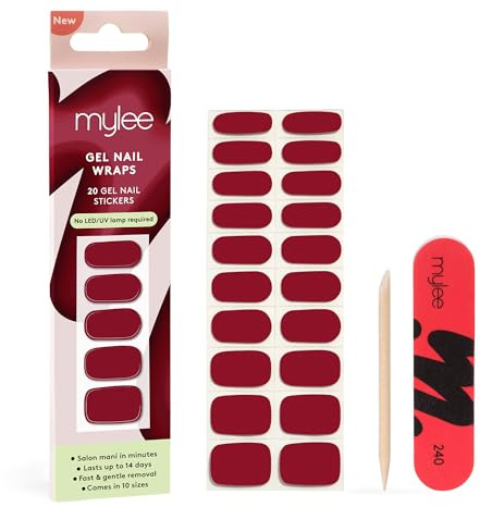 Mylee Gel Nail Wraps (As Red As It Gets) - 20 Pre-Cured Gel Stickers | Instant Mani, No Lamp Needed, Chip-Resistant, Glossy Finish, Lasts Up to 14 Days – Easy to Apply