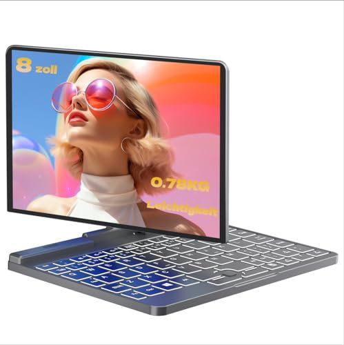 IUGNG 8-Zoll-2-in-1-Mini-Laptop, Celeron N100 (bis zu 3,4 GHz), 12 GB DDR5, G-Sensor, 2-MP-Webcam, 8-Zoll-Touchscreen tragbarer Notebook, WiFi 6, Bluetooth 5.2 (Grau, 12G+512G)