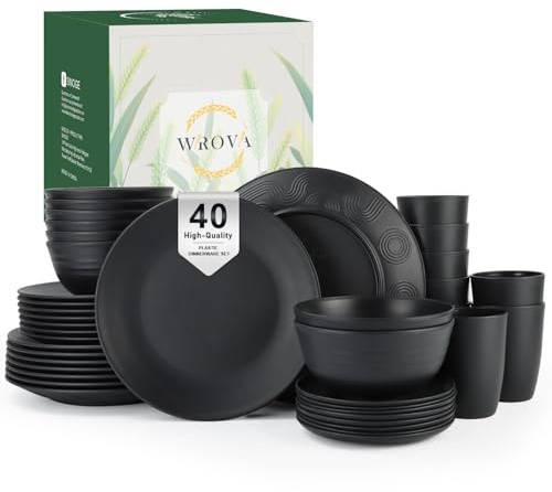 Wrova Reusable Plastic Dinner Set 40 PCS - Unbreakable Plate Set for 8 | Plastic Plates Reusable Plates and Bowls Set Dishwasher & Microwave Safe Lightweight Dish Set for Picnic RV Camping - Black