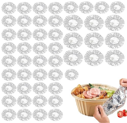 50Pcs Reusable Aluminum Foil Insulation Cover for Kitchen, Stretchable Aluminum Foil Food Covers for Bowls & Plates, Heat-Resistant & Fresh-Keeping Dish Lids