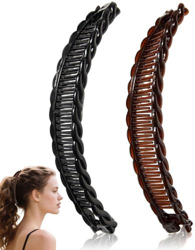 BPTRKOM Juego de 2 pinzas de pelo de plátano retro para rizos gruesos, Banana Clip,accesorios para el cabello de cola de pez, peines de dos pinzas de plátano para mujeres y niñas(Negro + Marrón)