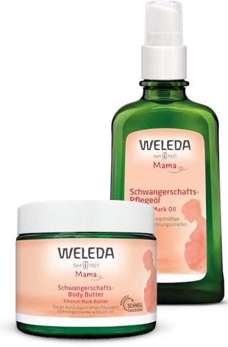 WELEDA Bio Mama Schwangerschaftsöl & Body Butter Set – Naturkosmetik Babybauch Massageöl & Körperbutter gegen Dehnungsstreifen, vegane Schwangerschaft Hautpflege mit Jojobaöl, Sheabutter & Kakaobutter