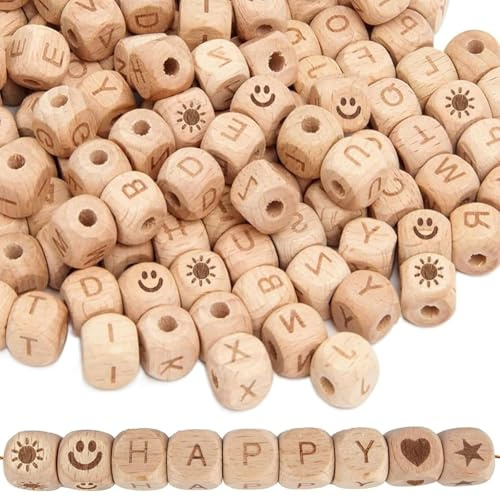 TTIAYAO 120 Stück Holzbuchstaben Perlen A-Z Buchstabenperlen aus Holz DIY Set für Armbänder, Halsketten und Schlüsselanhänger Inkl Sternen, Herzen und Sonne und Smileys Holzperlen zum Auffädeln(12mm)