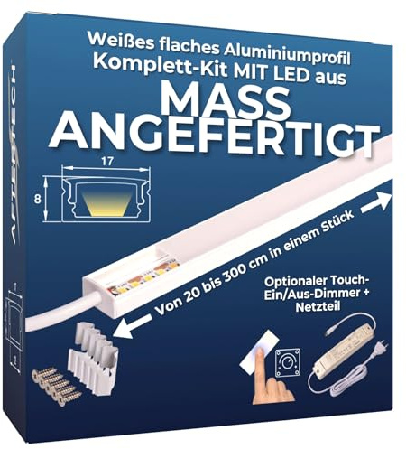 AFTERTECH Barra LED Profilo Alluminio PIATTO BIANCO SU MISURA al centimetro da 20 a 400cm in pezzo UNICO - LUCE POTENTE 19,2w/m 180led/m - PERSONALIZZABILE - MADE IN ITALY - Sottopensile Cucina