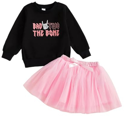 Todder Baby Girl 2nd Birthday Outfit Long Sleeve Letter Print Sweatshirt T-Shirt Pullover Tops and Tiered Layered Puffy A-Line Tulle Tutu Skirt Baptism Party Princess Dress (Black, 2-3 Years)