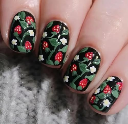 Press On Nails, Short Rounded-Square Strawberry Floral Tips, Black Set | Glossy Full-Cover False Nails in Multiple Sizes, 1 Nail File Included, for Home Manicures, Everyday Wear and Social Events