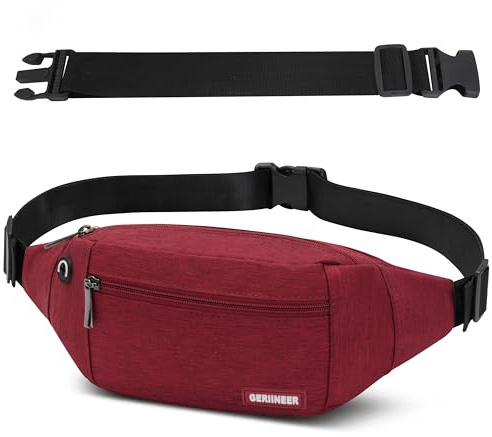 GERIINEER Sac Banane Homme Femme Ville De Sécurité pour Voyage Ou Outdoor Sport, Sacoche Banane de Sport Ceinture de Course avec Ceinture allongée de 30 cm (Rouge)
