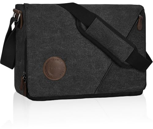 Eshow Umhängetasche Herren 15,6 Zoll Wasserabweisend, Laptoptasche Messenger Bag aus Echtleder und Canvas, Arbeitstasche Schultertasche Vintage für Arbeit Uni Freizeit Büro Schwarz