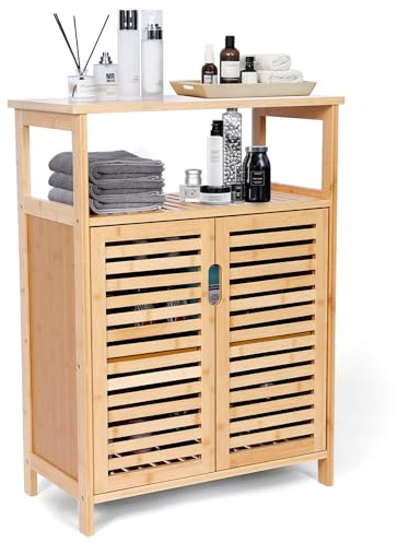 Bambition Bamboo Storage Cabinet with Doors, Floor Freestanding Cabinet with Shelves for Bathroom, Kitchen, Living Room