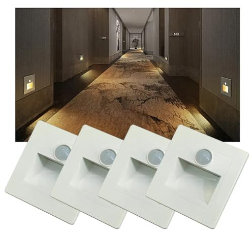 Luci per scale a LED con sensore di movimento da 3000K - 4 lampade da parete da incasso per interni per scale e decorazioni per camera da letto, illuminazione di sicurezza bianca brillante per la ca