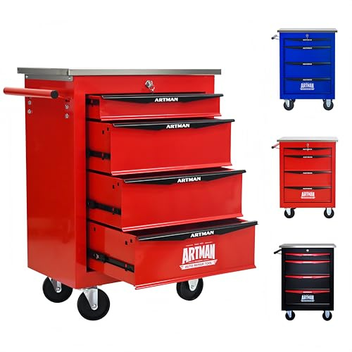 ELIHGTBY Werkzeugwagen leer mit 4 Schubladen Werkstattwagen als Mobile Werkbank mit Rollen Schwerlast zentral abschließbar Werkzeugschrank für Garage & Werkstatt Workshop Trolley Rot