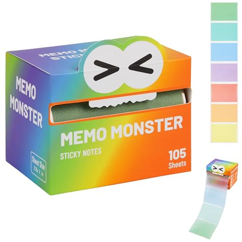Monster Sticky Notes – Glittery Semi-Transparent Full-Adhesive Sticker Notes with Cute Monster Box, 105 Sheets for School Supplies, Office Products, Journaling, Scrapbooking & Labels （Rainbow）