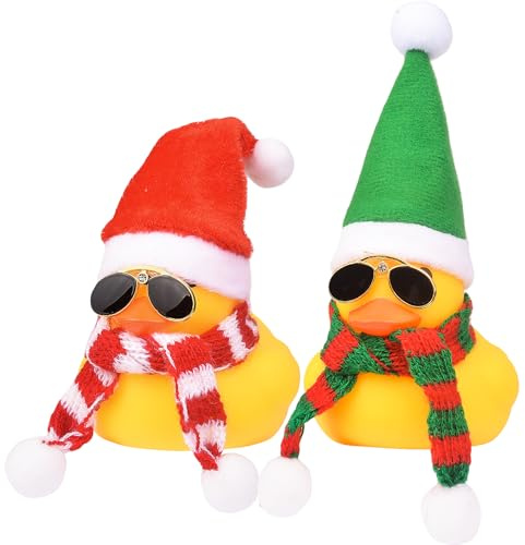 Mwmoeen Weihnachten Gummi Enten Auto Dekorationen, 2 Stück Gelbe Ente Auto Armaturenbrett Dekorationen, mit Weihnachtshut und Sonnenbrille, Passend für Auto, Büro, Haus Dekoration