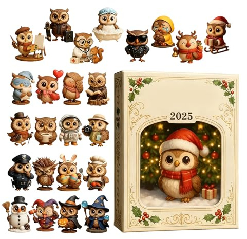 Calendario dell'Avvento natalizio 2025, design decorativo con gufo, materiale acrilico, 28 x 16 x 3 cm, conto alla rovescia per le festività con motivo agrifoglio festivo, decorazione per la casa a