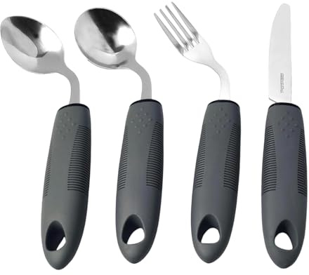 Genérico Cuchara Adaptativa | Tenedor Adaptado En Acero Inoxidable,Juego De 4 Utensilios Curvos para Diestros - para Adultos Mayores Pacientes- Lesiones Hogar Hospital Cocina Diaria Parkinson