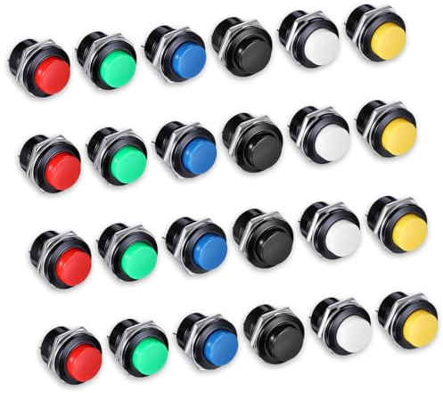 24 Stück Mini Momentary Push Button Schalter, 16MM Selbstrückstellende Rundtaster Sortiment Rund Drucktaster, 3A 250V AC 2-Polig, Vorverkabelt mit Kabelschuhen für Auto, Arcade Industrie