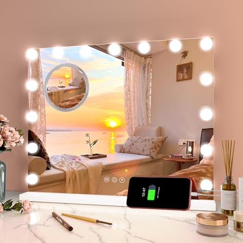 GarveeHome Hollywood-Style Beleuchteter Kosmetikspiegel, 15 LED Lichter, 3 Farbtemperaturen, Touch-Control, Mit USB-c & USB-Anschluss, 58 x 46 cm, Weiß