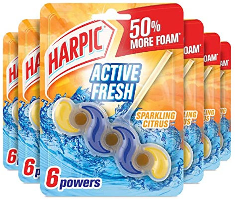 Harpic Active Fresh Toilet Rim Block, Sparkling Citrus, Pack of 6, Anti-Limescale, Dirt Remover, Lasts up to 30 weeks and up to 1250 flushes, Toilet Cleaner, Toilet Freshener