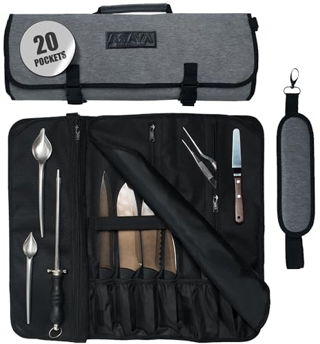 Asaya Bolsa enrollable de nailon encerado para cuchillos de chef con 20 ranuras y bolsillos con cremallera, bolsa profesional para cuchillos de chef y estuche de almacenamiento, portador de