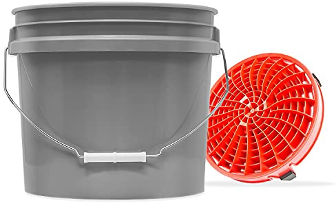 detailmate Autowäsche Set: Wasch Eimer Grau 3,5 Gallonen (12 l) mit Detail Guardz Dirt Lock Wascheimereinsatz Rot für eine kratzerfreie Handwäsche