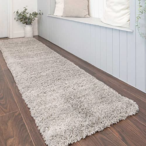 Thick Pile Modern Light Grey Shaggy Runner Rugs Silver Long Hallway Entrance Mat Carpet Soft Fluffy Lounge Living Room Bedroom Area Rug 60cm x 240cm