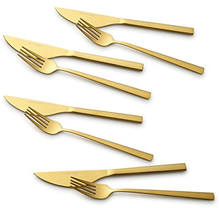 ECHTWERK pizzabesticksset, stekbesticksset, middagsbestick 8-delat för upp till 4 personer, med 4 pizzaknivar och 4 pizzagafflar i rostfritt stål, Gold Edition, EW-PK-2207G