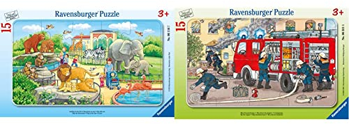 Ravensburger Kinderpuzzle - 06116 Ausflug in den Zoo - Rahmenpuzzle für Kinder ab 3 Jahren, mit 15 Teilen & 06321 Mein Feuerwehrauto - Rahmenpuzzle für Kinder ab 3 Jahren, mit 15 Teilen