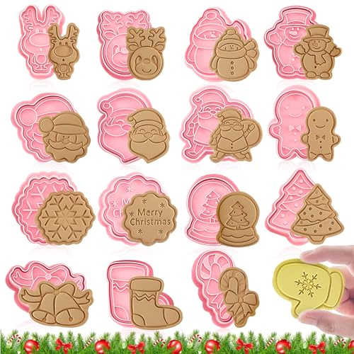 Lot de 16 Emporte piece noel Emporte-pièces 3D en plastique Cookies Sablés Patisserie Decoupoir en Forme - Arbre de Noël, bonhomme en pain d'épices, Père Noël et autres formes