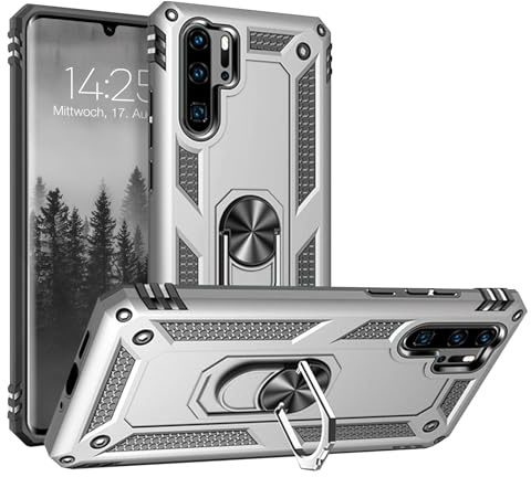 LBH Outdoor Hülle für Huawei P30 Pro Armor Militär Stoßfest Handyhülle 360 Grad Metal Ring Halter Ständer Schutzhülle für Handyhalterung Auto Magnet Silber