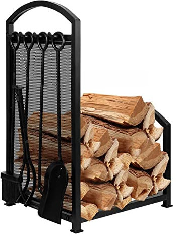 Portalegna da camino da esterno con 4 strumenti in ferro battuto nero porta legna per patio focolare / negozio di legname scaffale per legna da esterno