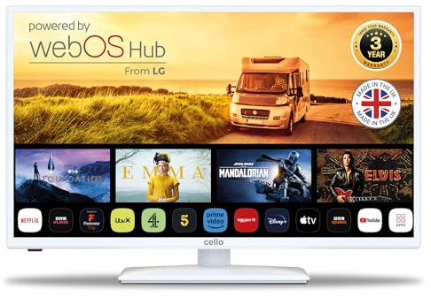 Cello Televisor Inteligente White Traveller de 32 Pulgadas y 12 voltios, WebOS rápido, Bluetooth, Netflix, Apple TV y DAZN para autocaravanas y caravanas