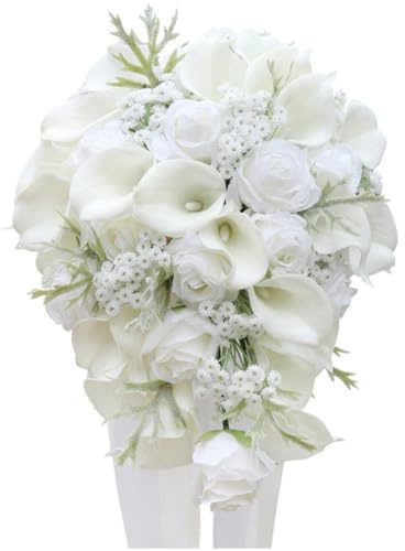Dinntty Weißer Hochzeitsstrauß, Wasserfall-brautstrauß, Simulierter Blumenstrauß, Künstliche Braut Blumen Für Die Valentinstagszeremonie, Kirchendekoration
