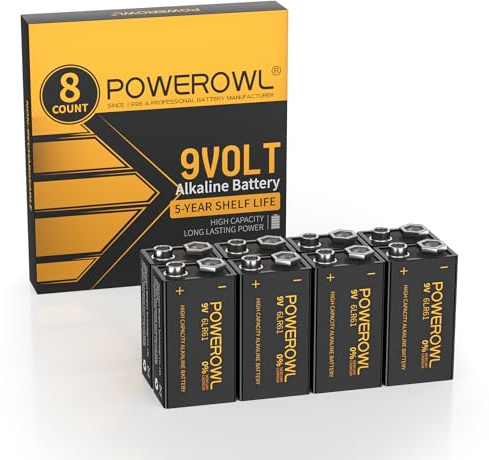 POWEROWL 9V Alkaline Battery - Pack of 8, High Capacity 9 Volt Batteries, Long Lasting, Smoke Alarm Detectors, Remote Control Car